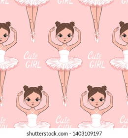 Seamless pattern with Cute Ballerina in cartoon style. Vector illustration in pastel colors