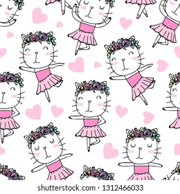 seamless pattern cute ballerina cat hand drawn