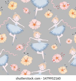 Seamless pattern cute ballerina with flower cartoon,illustration vector doodle comic art.