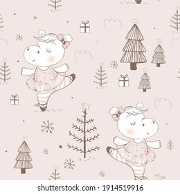 Seamless pattern with cute ballerina Hippo. Cartoon hand drawn vector illustration. Can be used for t-shirt print, kids wear fashion design, baby shower invitation card.