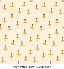 Seamless pattern with cute ballerina poses in yellow tutu, little gymnastics