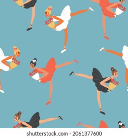 Seamless pattern of cute ballerinas in colorful dresses and pointe shoes. Vector illustration 