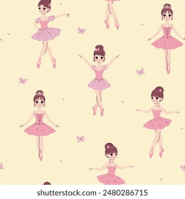 Seamless pattern with cute ballerinas in pink dresses. Vector graphics.