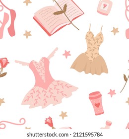Seamless pattern with cute ballet accessories. Elegant vector background of feminine elements in pink tones for printing on fabric, paper, packaging, wallpaper