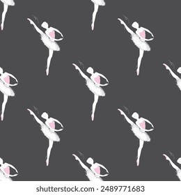 Patrón sin fisuras con bailarina de ballet lindo. Ballet de baile de mujer, fondo de textura. Silueta de bailarina sobre fondo oscuro. Bailarina de niña dibujada a mano. Fondo de pantalla Plantilla. Ilustración vectorial