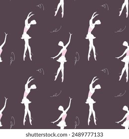 Seamless pattern with cute ballet dancer in various poses. Woman dancing ballet, texture wallpaper template. Silhouette of ballerina on dark background. Hand drawn girl dancer. vector illustration