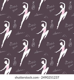 Seamless pattern with cute ballet dancer and lettering. Woman dancing ballet, texture wallpaper template. Silhouette of ballerina on dark background. Hand drawn girl dancer. vector illustration