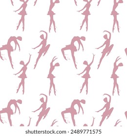 Seamless pattern with cute ballet dancers. Woman dancing ballet, texture wallpaper template. Black silhouette of ballerinas on white background. Hand drawn girls dancers. vector illustration