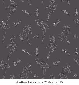 Seamless pattern with cute ballet dancers and lettering. Woman dancing ballet, texture wallpaper template. Silhouette of ballerinas on black background. Hand drawn girls dancers. Line art. vector