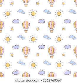 Seamless pattern with cute balloons and clouds on a white background. Creative childish background for kids fabric, textile.