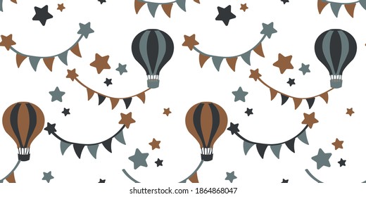 
Seamless pattern with cute balloons and ribbons with flags on a white background. Childrens illustration in funny cartoon style.Creative childrens background for products, clothes.