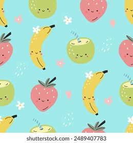 Seamless pattern with cute banana, coconut and strawberry on a blue background. Vector illustration for printing. Cute children's background.