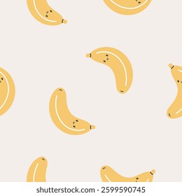 Seamless pattern with cute banana. Kids background. For card, posters, banners, books, printing on the pack, clothes, fabric, wallpaper, textile or dishes.