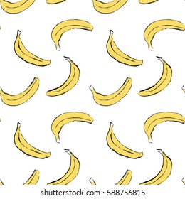 Seamless pattern with cute banana painted with watercolor grunge brushes. Vector sketch illustration 