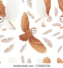 Seamless pattern of cute barn owl (tyto alba) with white face and brown wings cartoon wild forest bird animal design flat vector illustration on white background with feathers