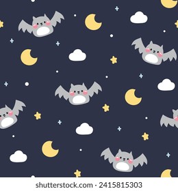 Seamless pattern of cute bat flying on night sky background.Animal character cartoon design.Moon,cloud,star hand drawn.Baby clothing.Kawaii.Vector.illustration.