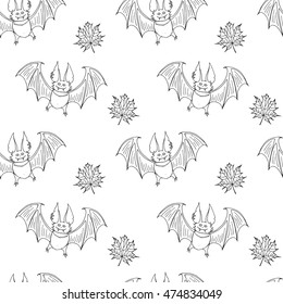 Seamless pattern with cute bat and leaves. Hand drawn vector illustration for Halloween. Autumn sketch background.