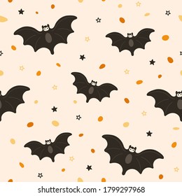 Seamless pattern with cute bat with manga style face. Abstract vector illustration for Halloween party. Beige background with stars and candies.