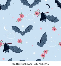 Seamless pattern with cute bats and flowers. Vector graphics.