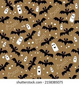 Seamless pattern of cute bats, cute ghosts and and hand lettering boo on a brown background. Vector illustration for Halloween.