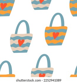 Seamless pattern with cute beach bags. Summer vector background with vacation accessories