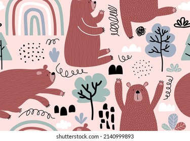 Seamless pattern with cute bear. 