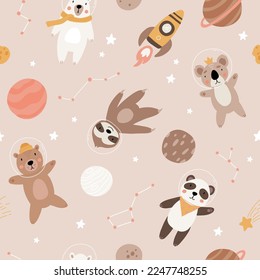 Seamless pattern with cute bear astronauts in space, planets, stars, rocket and constellation. Scandinavian style flat design. Brown, polar and panda bear, sloth and koala.