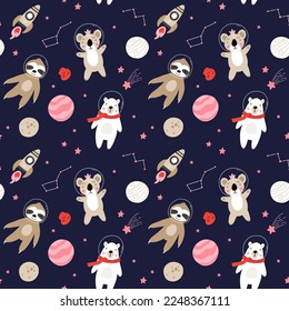 Seamless pattern with cute bear astronauts in space, planets, stars, rocket and constellation. Hand drawn vector illustration. Scandinavian style flat design. polar bear, sloth and koala.