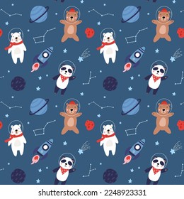 Seamless pattern with cute bear astronauts in space, planets, stars, rocket and constellation. Hand drawn vector illustration. Scandinavian style flat design. Brown, polar and panda bear