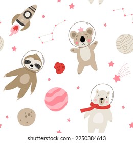 Seamless pattern with cute bear astronauts in space, planets, stars, rocket and constellation. Hand drawn vector illustration. Scandinavian style flat design. polar bear, sloth and koala.