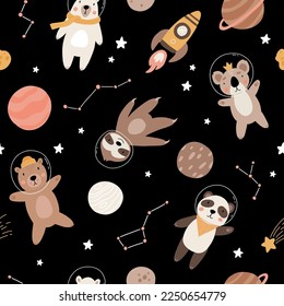 Seamless pattern with cute bear astronauts in space, planets, stars, rocket and constellation. Scandinavian style flat design. Brown, polar and panda bear, sloth and koala.