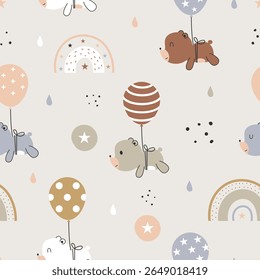 Seamless pattern cute bear with balloon. Star and rainbow element. Vector illustration. For baby shower, nursery, greeting card, clothing kids and baby, fabric, wrapping