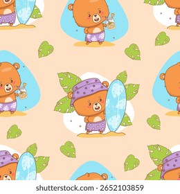 Seamless pattern with Cute bear beachgoer surfer and Animal relaxing with drink cocktail on beige background. Cartoon Funny summer Beach kawaii character. Vector illustration. Kids collection. Not AI