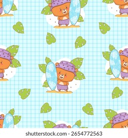 Padrão sem costura com surfista beachgoer urso bonito no fundo xadrez azul com folhas tropicais. Engraçado Desenho Animado verão Praia kawaii Animal personagem. Ilustração vetorial. Coleção Kids Not AI
