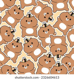 Seamless pattern of cute bear with bee on head sticker on yellow background.Wild animal character design.Baby clothing.Kawaii.Vector.Illustration.