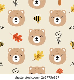 Seamless pattern with cute bear, bee, autumn leaves and flower on light yellow background for your fabric, children textile, apparel, nursery decoration, kids bedding. Vector illustration