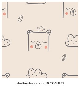 Seamless Pattern with cute bear  bird and clouds. Hand drawn vector illustration. Can be used for t-shirt print, kids wear fashion design, baby shower invitation card.