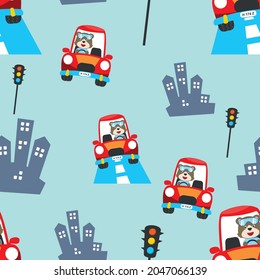 seamless pattern of cute bear cartoon having fun driving a city car on sunny day. Can be used for t-shirt print, Creative vector childish background for fabric textile, and other decoration.
