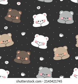 Seamless pattern with cute bear cartoon doodle background, cute bear pattern, nursery childish background vector illustration