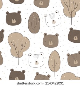 Seamless pattern with cute bear cartoon doodle background, cute bear pattern, nursery childish background vector illustration