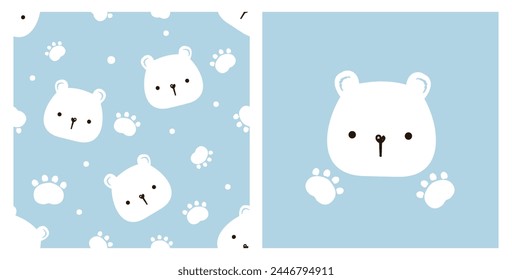 Seamless pattern with cute bear cartoons, paw print and snow on blue background vector.