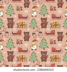 Seamless pattern with cute bear and Christmas tree, snowman, gift boxes and red sleigh, red rowan and snowflakes on beige background. Colorful vector illustration hand drawn doodle. Festive mood