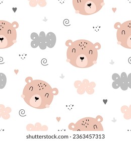 Seamless pattern with cute bear and clouds on white background. Animal cartoon background. Design for print, fabric, textile, wallpaper, wrapping, card and more. Vector illustration