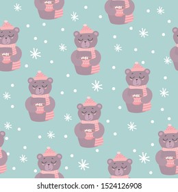 Seamless pattern. Cute bear with cocoa mug on blue background with snowflakes. Vector illustration. Theme of winter, New year and Christmas. 