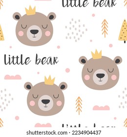 seamless pattern with cute bear in crown and trees, cartoon bear background for wrapping paper, bedding pattern for kids, vector textile fabric print