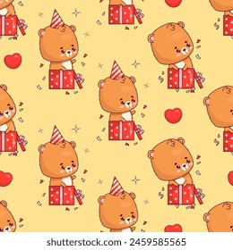 Seamless pattern with cute bear cub in gift box on yellow background. Funny birthday kawaii animal character. Vector illustration. Kids collection.
