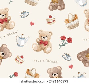 seamless pattern of cute bear doll and picnic basket vector illustration