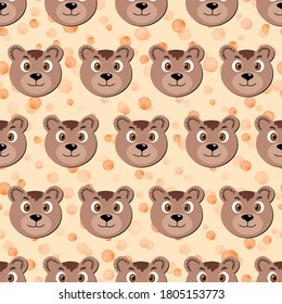 Seamless pattern with cute bear face on beige polka dots background. Vector flat animals colorful illustration for kids. Adorable cartoon character. Design for card, poster, fabric, textile.