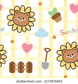Seamless Pattern Of Cute Bear Face In Sun Flower Head Cartoon.Summer Concept.Sunshine Text.Checkered Backgorund.Kawaii.Vector.Illustration.