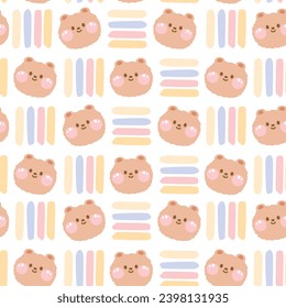 Seamless pattern of cute bear face with pastel line on white background.Teddy head hand drawn.Wild animal character cartoon design.Baby clothing.Kawaii.Vector.Illustration.